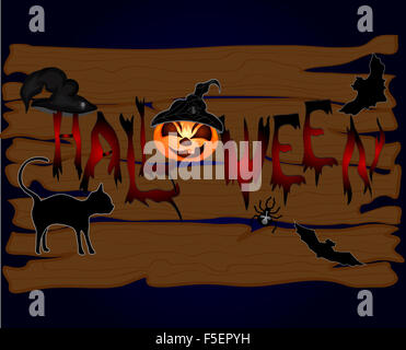 Halloween Nacht Hintergrund mit Holz und Kürbisse. Vector Illustration Stockfoto