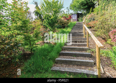 Steile Treppen in Gartenlandschaft mit Gartenhaus. Stockfoto