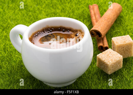 Heiße Tasse Kaffee und Zimt-sticks mit Würfel braunen Rohrzucker auf dem grünen Rasen. Stockfoto