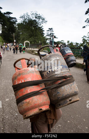 Indien, Himachal Pradesh, Shimla (Simla), Menschen mit schweren Last der zwei Gasflaschen auf Rückseite Stockfoto