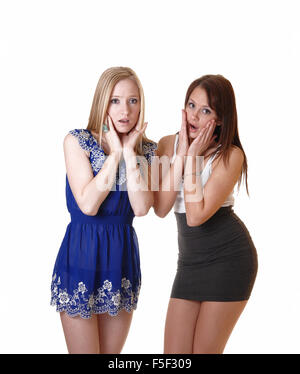 Zwei große Angst junge Frau stehend im Studio in Kleider, eine blonde und eine Brünette, feurig für Gesichter dort zu halten. Stockfoto