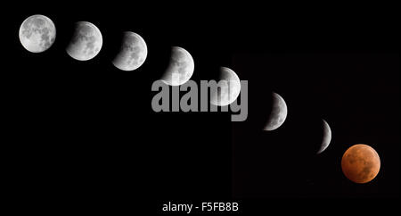 Die Sequenz der Mond während der Mondfinsternis am 8. Oktober 2014. Stockfoto