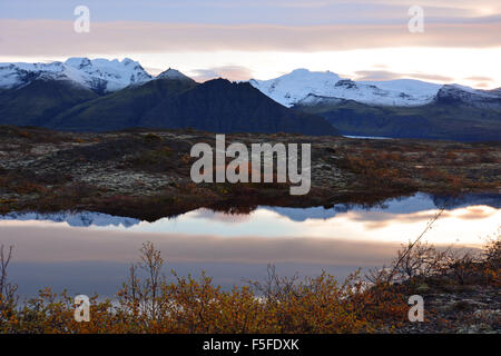 Skaftafell NP spiegelt sich in einem Teich in der Morgendämmerung, Island Stockfoto