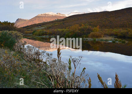 Skaftafell NP spiegelt sich in einem Teich in der Morgendämmerung, Island Stockfoto