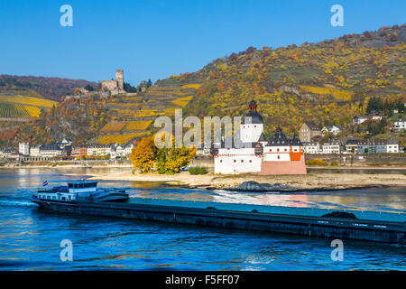 Burg Pfalzgrafenstein Castle, Upper middle Rhine Valley, Deutschland, in der Nähe von Kaub, Burg Gutenfels in den Rücken, Weinberge im Herbst Stockfoto