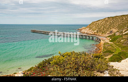 Holzsteg am Stenhouse Bay in Innes Nationalpark erstreckt sich von hohen Klippen ins türkisfarbene Wasser des Ozeans, Yorke Peninsula SA Stockfoto