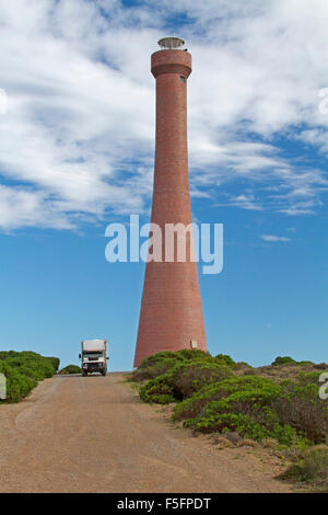 Ungewöhnliche & elegant aus rotem Backstein Troubridge Hill Leuchtturm erhebt sich über niedrige grüne Vegetation zu blauen Himmel auf Yorke Peninsula South Australia Stockfoto