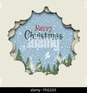 Weihnachtskarte-Abbildung mit einem Wald bei Schneefall. Stockfoto