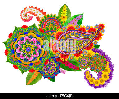 Universellen Gott Mandala - spirituelle und rituelle Symbol in Weltreligion. Abstrakte isoliert handgefertigte Collage aus Sommerblumen Stockfoto