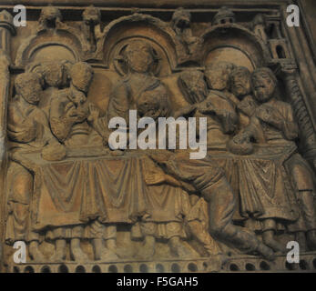 Kirche des Heiligen Grabes. Mittelalterliche. Fensterstürze. Reliefs. 12. Jahrhundert. Letzte Abendmahl. Rockefeller archäologische Museum. Jerusalem. Israel. Stockfoto