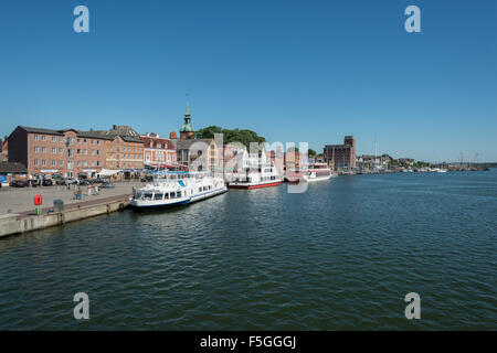 Kappeln, Deutschland, die Hafenpromenade am Hafen Stockfoto