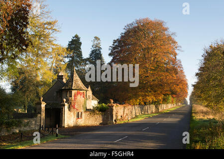 Stowell Park Estate Tor Haus und Buche Bäume mit Herbst Laub in der Cotswold-Landschaft. Gloucestershire, England. Stockfoto