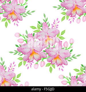 Aquarell nahtlose Muster mit rosa Orchideen und grünen Blättern Stockfoto