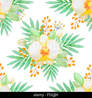 Aquarell Musterdesign gelbe Orchideen mit grünen Blättern Stockfoto