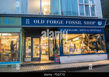 Alte Schmiede Fossil Shop im Zentrum von Lyme Regis. Jurassic Coast, UNESCO, Dorset, Charmouth, Klippen, Strand Stockfoto