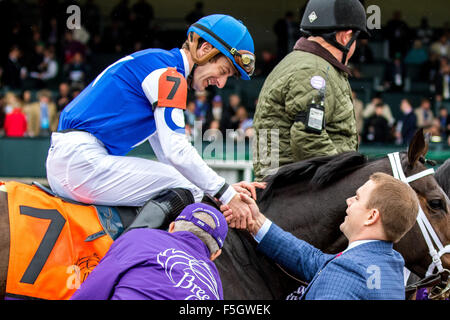 31. Oktober 2015 - Lexington, Kentucky, USA - 31. Oktober 2015: Tepin, geritten von Julien R. Leparoux, nach dem Gewinn der Breeders' Cup Mile (Grad I) in Lexington, Kentucky am 31. Oktober 2015. Candice Chavez/ESW/CSM Stockfoto