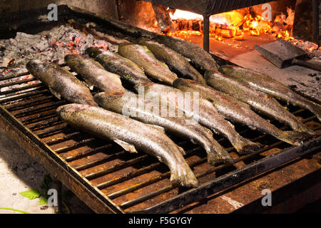 Forellen bereit, auf dem Grill zubereitet werden. Stockfoto