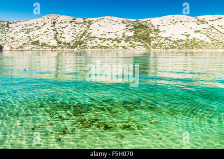 Die unberührte Küste und kristallklarem Wasser der Insel Rab, Kroatien. Stockfoto