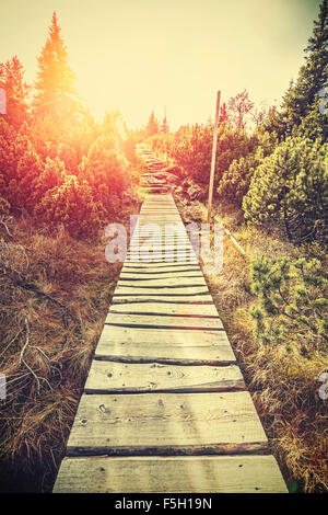 Retro stilisierte hölzerne Bergweg in Berge bei Sonnenuntergang, Flare-Effekt, Karpacz, Polen. Stockfoto