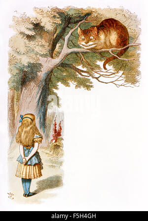 Die Cheshire-Katze grinste, aus "The Nursery"Alice", eine verkürzte Adaption von"Alices Abenteuer im Wunderland"abzielen, under Fives von Lewis Carroll (1832-1898) selbst geschrieben. Diese Ausgabe enthält 20 ausgewählte Illustrationen von Sir John Tenniel (1820-1914) aus dem ursprünglichen Buch vergrößert und durch Emily Gertrude Thomson (1850-1929) gefärbt wurden. Siehe Beschreibung für mehr Informationen. Stockfoto