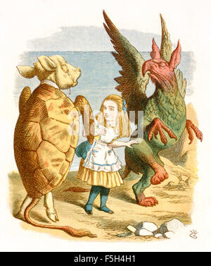 Alice tanzt die Lobster Quadrille mit der Greif und eine falsche Schildkröte aus "The Nursery"Alice", eine verkürzte Adaption von"Alices Abenteuer im Wunderland"abzielen, under Fives von Lewis Carroll (1832-1898) selbst geschrieben. Diese Ausgabe enthält 20 ausgewählte Illustrationen von Sir John Tenniel (1820-1914) aus dem ursprünglichen Buch vergrößert und durch Emily Gertrude Thomson (1850-1929) gefärbt wurden. Siehe Beschreibung für mehr Informationen. Stockfoto