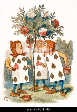 Die Königin Gärtner malen die Rosen rot, aus "The Nursery"Alice", eine verkürzte Adaption von"Alices Abenteuer im Wunderland"abzielen, under Fives von Lewis Carroll (1832-1898) selbst geschrieben. Diese Ausgabe enthält 20 ausgewählte Illustrationen von Sir John Tenniel (1820-1914) aus dem ursprünglichen Buch vergrößert und durch Emily Gertrude Thomson (1850-1929) gefärbt wurden. Siehe Beschreibung für mehr Informationen. Stockfoto