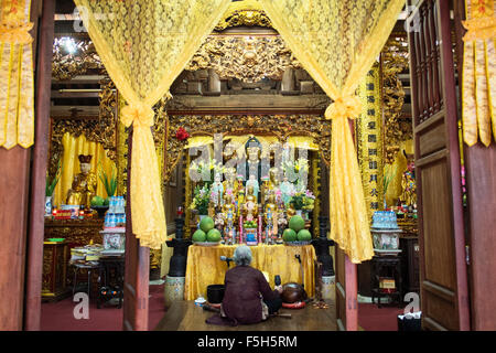 Eine ältere Frau verehrt die Ly Quoc-Pagode im alten Viertel von Hanoi, Vietnam Stockfoto