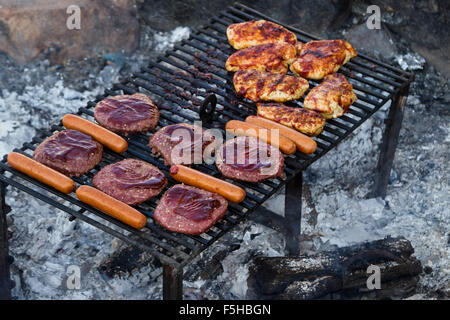 Hotdogs, Hamburger und Chicken mit Bbq-Sauce Kochen auf einem Grill im freien Stockfoto