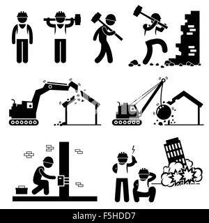 Abriss Arbeiter zerstören Gebäude Strichmännchen Piktogramm Symbol Cliparts Stock Vektor