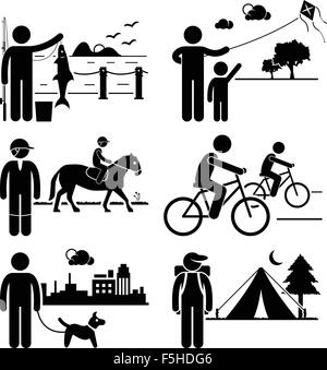 Freizeit-Outdoor-Freizeit-Aktivitäten - Angeln, Kite, Pferd Reiten, Radfahren, Hund wandern, Camping - Strichmännchen-Piktogramm Stock Vektor