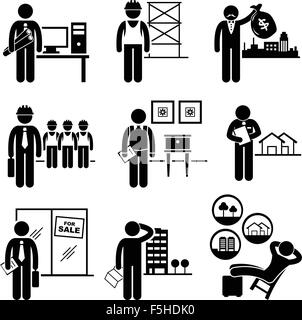 Bau Immobilien Jobs Berufe Karriere - Auftragnehmer, Investor, Manager, Architekt, Innenarchitekt, Eigenschaftswert Stock Vektor