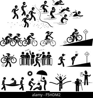 Triathlon Marathon Schwimmen Radfahren Sport laufen Strichmännchen Piktogramm Symbol Symbol Stock Vektor