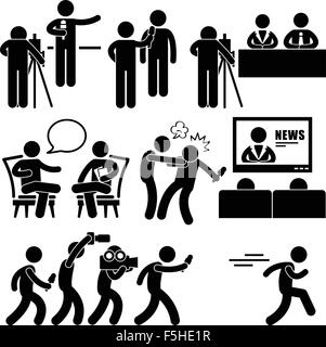 News Reporter Anker Frau Newsroom Mann Talk Show Host Strichmännchen Piktogramm Symbol Stock Vektor