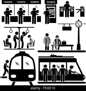Zug s Station U-Bahn Mann Passagiere Strichmännchen Piktogramm Symbol Stock Vektor