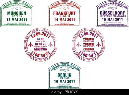 Passstempel aus Deutschland und der Schweiz im Vektor-Format. Stock Vektor