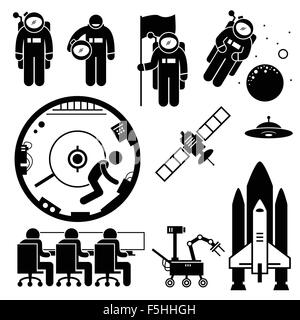 Astronaut Space Exploration Strichmännchen Piktogramm Icons Stock Vektor