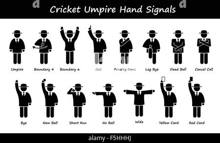 Kricket-Schiedsrichter Schiedsrichter Hand signalisiert Strichmännchen Piktogramm Icons Stock Vektor