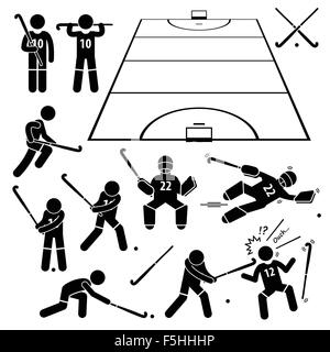 Fangen Sie Hockey auf Spieleraktionen stellt Strichmännchen Piktogramm Icons Stock Vektor