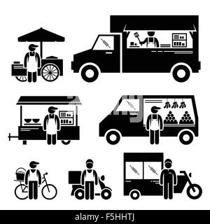 Mobiles Essen Fahrzeuge LKW LKW Van Wagon Fahrrad Fahrrad Warenkorb Strichmännchen Piktogramm Icons Stock Vektor