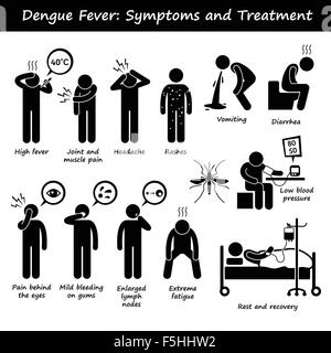 Dengue-Fieber-Symptome und Behandlung Aedes Mücke Strichmännchen Piktogramm Icons Stock Vektor