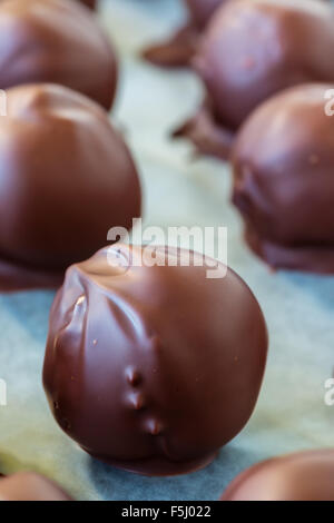 Weihnachten ein Favorit, hausgemachte Peanut Butter Chocolate Kugeln. Eine Mischung aus Peanut Butter, Nüsse, Zucker und anderen süßen Sachen und Stockfoto