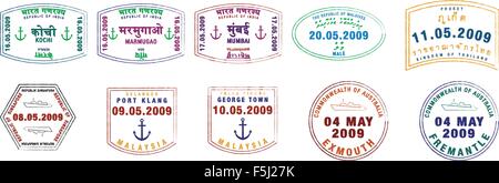 Eine Sammlung von stilisierten Vektor Passstempel aus Asien, Indien und Australien auf einem weißen Hintergrund. Stock Vektor