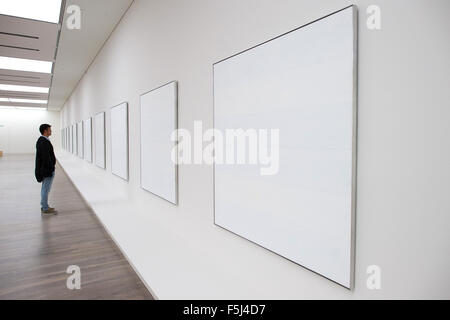Düsseldorf, Deutschland. 5. November 2015. Ein Besucher schaut die Serie "The Islands ich-XII" von 1979 von Agnes Martin in der Kunstsammlung Nordrhein-Westfalen in Düsseldorf, Deutschland, 5. November 2015. Die Retrospektive "Agnes Martin" - mit 130 Gemälde, Zeichnungen und Drucke - ersichtlich in der Kunstsammlung Nordrhein-Westfalen vom 7. November 2015 bis 6. März 2016. Foto: FEDERICO GAMBARINI/Dpa/Alamy Live News Stockfoto