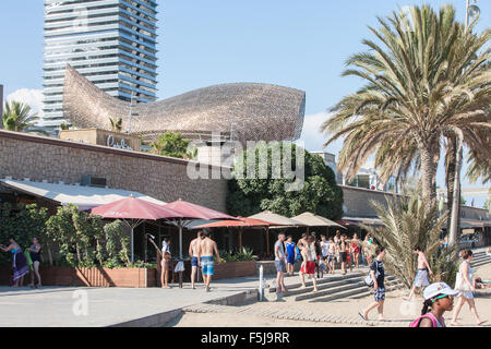 Fisch oder Peix, Gehrys Bronzeskulptur am Olympischen Hafen Zone. Sonne Badegäste am städtischen Strand von Barceloneta, Barcelona, Catalan, Spanien Stockfoto