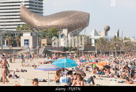 Fisch oder Peix, Gehrys Bronzeskulptur am Olympischen Hafen Zone. Sonne Badegäste am städtischen Strand von Barceloneta, Barcelona, Catalan, Spanien Stockfoto