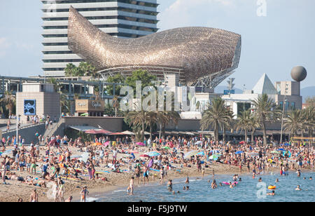 Fisch oder Peix, Gehrys Bronzeskulptur am Olympischen Hafen Zone. Sonne Badegäste am städtischen Strand von Barceloneta, Barcelona, Catalan, Spanien Stockfoto