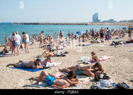 Sonnenbaden am Stadtstrand, Barceloneta,Barcelona.warning,danger,sunburn,sun,burnt,beach,Catalonia,Spain. Stockfoto