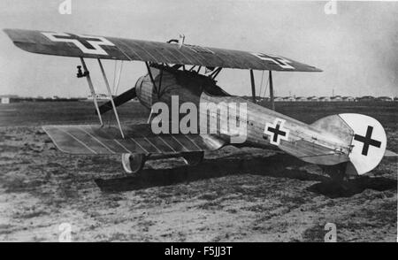 Dieses Foto zeigt die LFG Roland D XV, ein Kampfflugzeug aus dem Ersten Weltkrieg von 1918. Bekannt für sein einzigartiges Design, war der D XV eine Entwicklung aus der Spätkriegszeit mit einem freitragenden Flügel und einer fortschrittlichen Motorpositionierung für verbesserte Manövrierfähigkeit. Stockfoto
