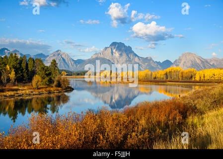 Mount Moran und Teton Range von Oxbow Bend, Snake River im Morgengrauen, Grand-Teton-Nationalpark, Wyoming, USA Stockfoto