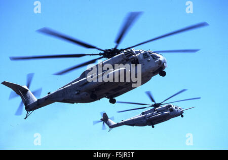 Der Sikorsky CH-53A, Teil von HMH-361, ist auf diesem 1995 in Camp Pendleton aufgenommenen Foto zu sehen. Der Schwerhubschrauber wird vom U.S. Marine Corps für den Truppentransport und die logistische Unterstützung eingesetzt und zeigt seine Vielseitigkeit bei militärischen Operationen. Stockfoto